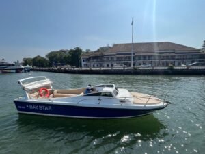 Bay star is a 27-foot single-cabin cruiser featuring a cabin with a toilet, top-of-the-line music system with Bluetooth, and an icebox.